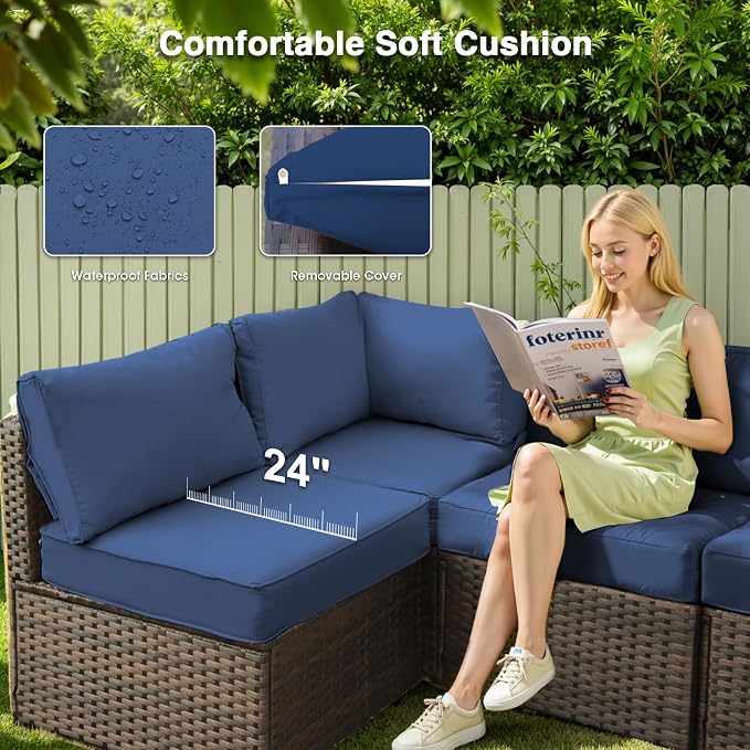 Patio Furniture Set 7 Pieces with 44" Fire Pit Table, Rattan Outdoor Sectional Conversation Sets, All Weather Outdoor Furniture Set with Cushions for Garden Lawn Balcony Porch Deck Blue
