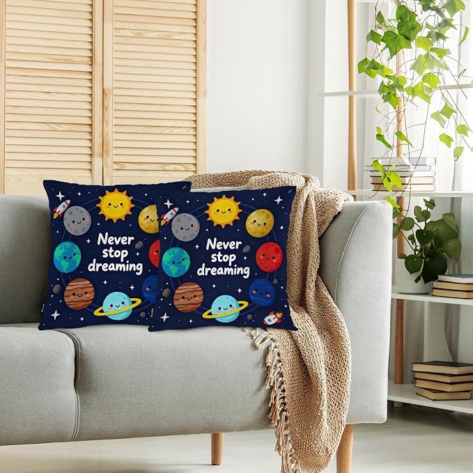 Swono Solar System Set of 2 Throw Pillow Covers Never Stop Dreaming 18x18 Inch Pillow Cases Cute Galaxy Space Planets Stars Square Pillowcases Cushion Cover for Men Women Decorative Home Bed Sofa