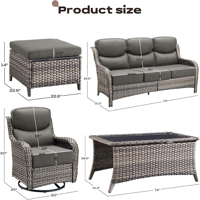 Rilyson Wicker Outdoor Patio Furniture Set - 8 Piece Patio Conversation Sets with Swivel Rocker Chairs, Ottomans, Sofa and Coffee Table, 6 inch Cushions, Deep Seating, for Porch Deck Mixed Grey/Grey