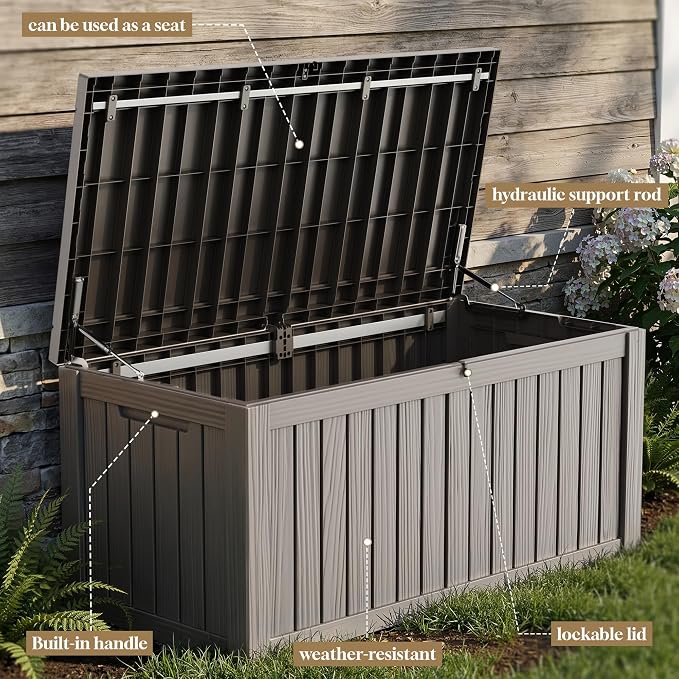 ROJIK 150 Gallon Outdoor Storage Box Waterproof,Weatherproof Deck Boxes Outdoor Lockable,Resin Outside Storage Box for Garden Tools,Cushions,Pool Accessories(Grey,150 Gal)