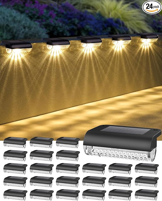 Herzila 24 Pack Solar Step Lights Outdoor Stairs, Solar Deck Lights 3000K Warm White, Auto Dusk-to-Dawn, Weatherproof, Low Profile, Solar Lights Outdoor for Fence Deck Patio Backyard Balcony