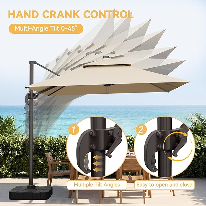 VEGOND 9x12 FT Patio Cantilever Umbrella with Base, Rectangular Heavy Duty Offset Umbrella for 6-8 People, 360°Rotation & Mult Tilt, Double Top Design, for Pool Garden Deck (Beige)