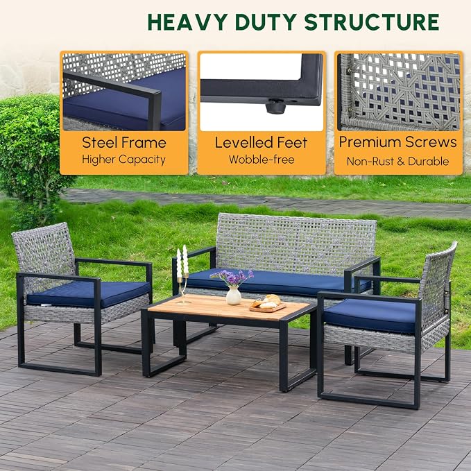BEEFURNI Wicker Patio Furniture Outdoor Conversation Set of 4, Rattan Outdoor Furniture Set, Acacia Wood Table, 2 Chairs, 1 Loveseat, 2” Cushions, All Weather Set for Patio, Porch, Balcony (Gray)