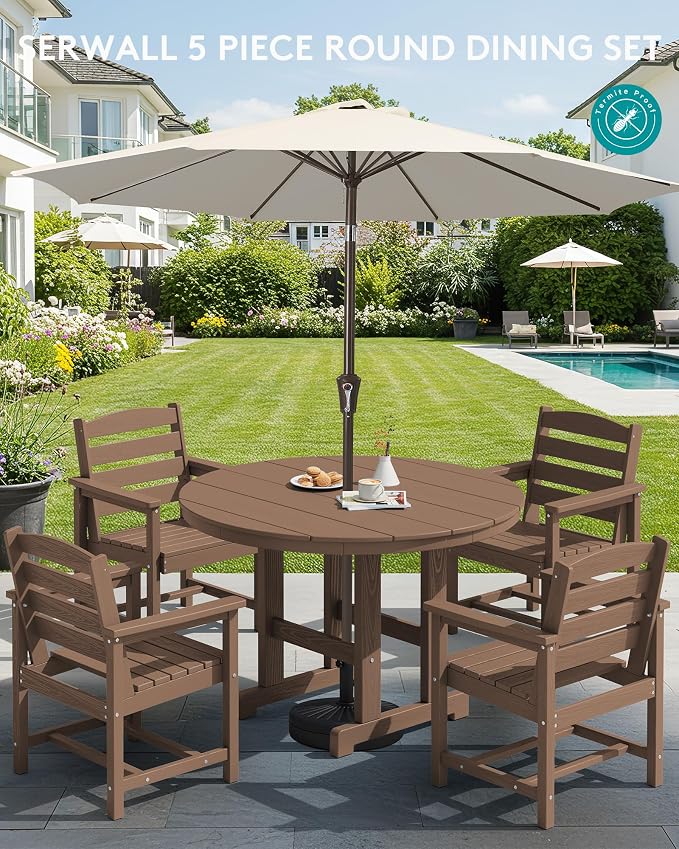 SERWALL 5-Piece Patio Dining Sets, HDPE Outdoor Table and Chairs Furniture Set, 45" Round Dining Table and 4 Dining Chairs, Brown