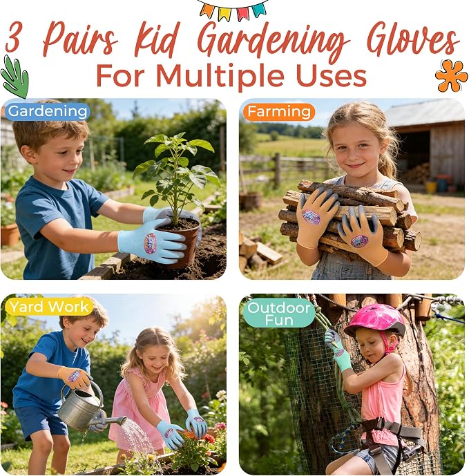 HANDLANDY 3 Pairs Kids Gardening Gloves, Grippy Kids Work Gloves, S | Foam Nitrile Coated Children Toddler Garden Yard Work Cycling Outdoor Playing Gloves for Girls Boys