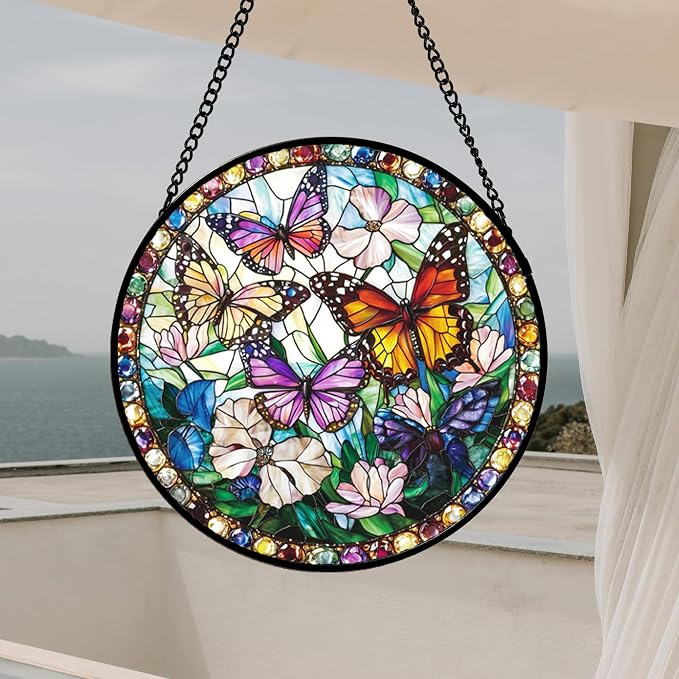 DASTOLL Stained Glass Window Hanging, Colorful Butterfly Suncatcher for Doors Home Sun Catchers Decoration and Christmas, Mother's Day Birthday Gifts for Women, Men, and Mom 14.9x14.9 in