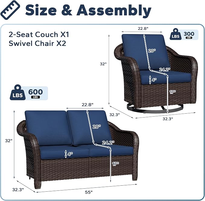 5 PCS Outdoor Conversation Set | 55" Couch, 4 Swivel Chairs, Patio Wicker Conversation Furniture with Removable Cushions for Bistro, Deck, Sunroom (Navy Blue)