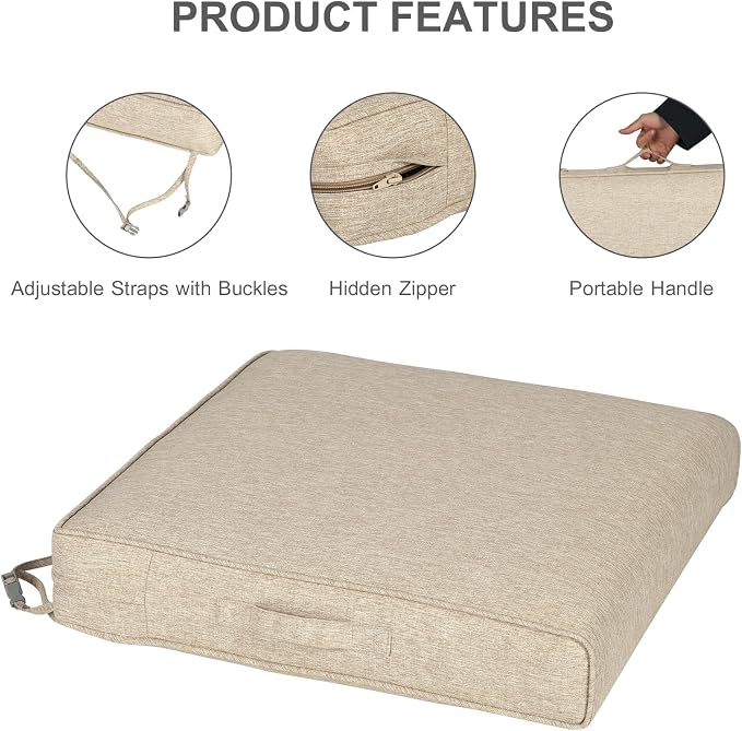 Aoodor Patio Chair Cushions Set of 2, 25 x 25 x 4 Inch Water Resistant Outdoor Seat Cushions with Handle and Ties, Square Corner Cushions for Patio Furniture Garden Lawn, Brown