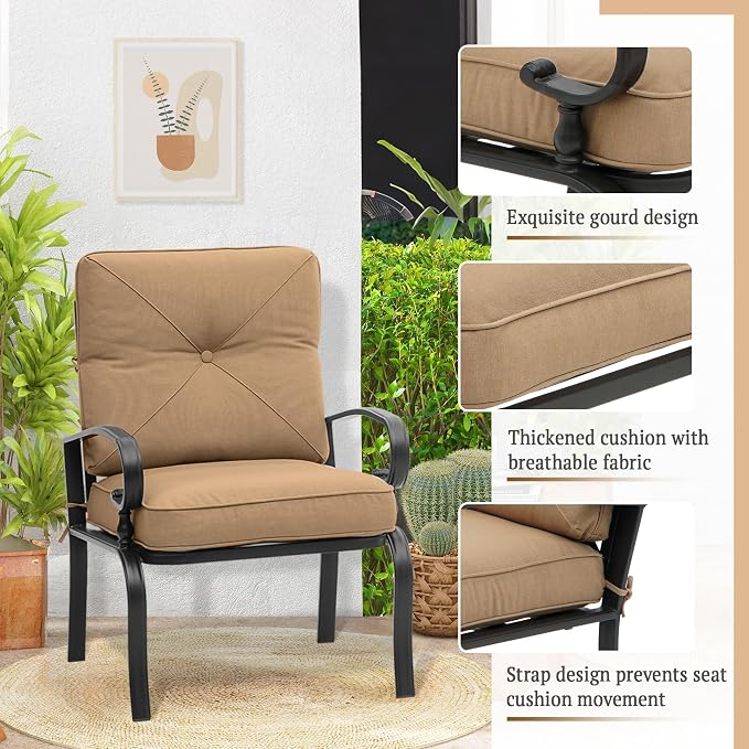 5 Pcs (6 Seats) Metal Outdoor Patio Furniture Conversation Sets, Glider, Loveseat and Coffee Table, 2 Single Chairs with Cushions (Brown)