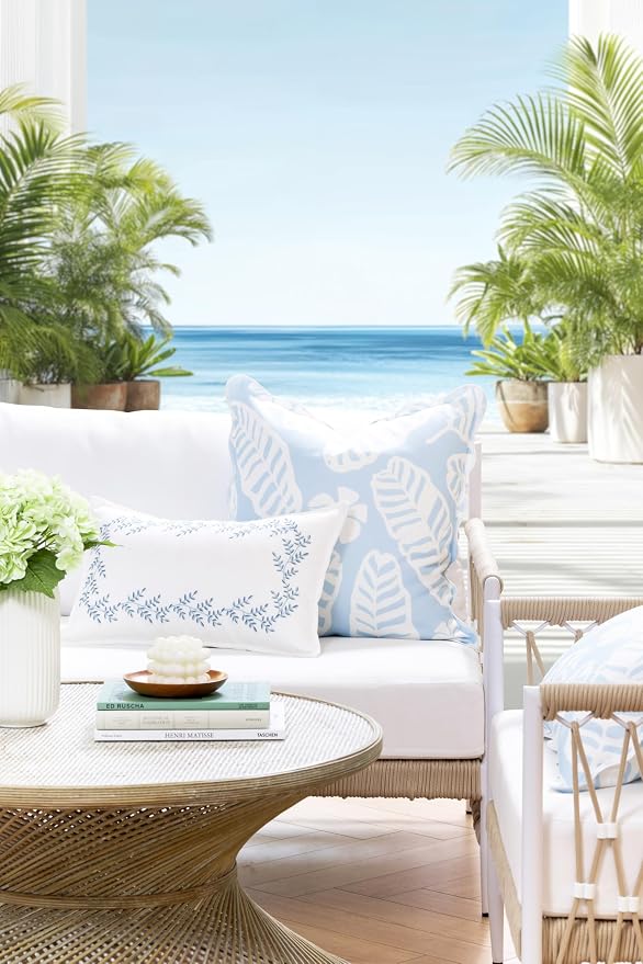 Hofdeco Premium Grandmillennial Coastal Hampton Patio Indoor Outdoor Throw Pillow Cover Only, 20"x20" Water Repellent for Backyard, Couch, Poolside, Baby Blue Print Palm Leaves and Hisbucs Flowers