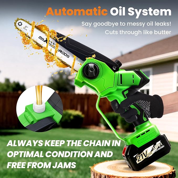 maXpeedingrods Electric Chainsaw Cordless, 8 Inch & 6 Inch Mini Chainsaw with 3.0Ah Battery, Brushless, Auto Oiler & Tool-Free Tensioner, Handheld Portable Chainsaw (8inch Light Green with 3.0Ah)