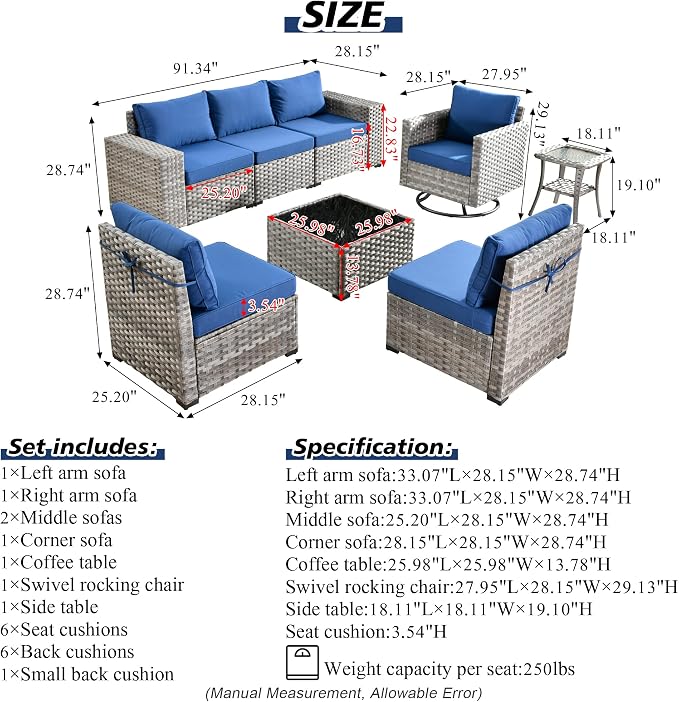 HOOOWOOO Outdoor Patio Sectional Furniture Sofa Set with Swivel Rocking Chair,8 Piece Modern Wicker Couch with Widened Armrest,Modular Conversation Seating Set for Garden(Navy Blue)