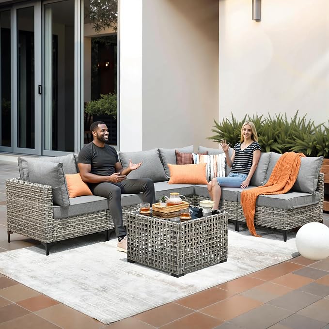CAODOC 9-Piece Outdoor Sectional Sofa Set w/ 42" Fire Pit – L-Shaped Wicker Patio Furniture, Deep Seating & Swivel Rockers,Dark Gray