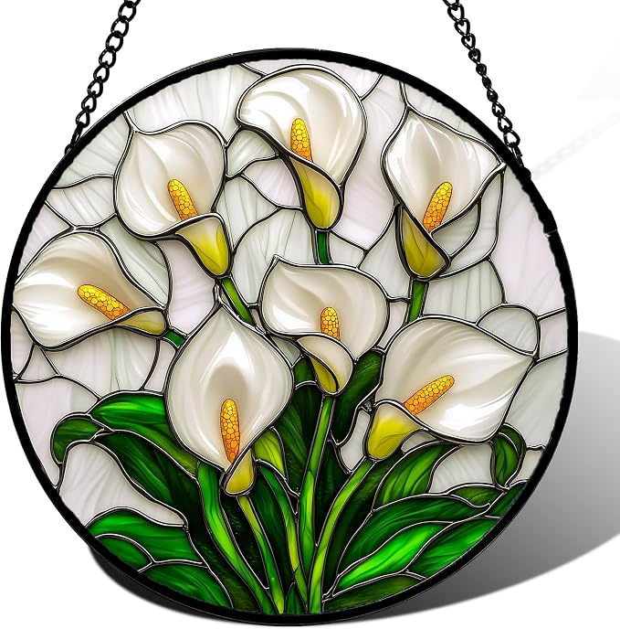 DASTOLL Stained Glass Window Hanging, White Calla Lily Suncatcher Diamond Glass Panel Hangings Flowers Sun Catchers Decor for Birthday for Women, Men, Wife, Aunt, and Mom 14.9x14.9 in