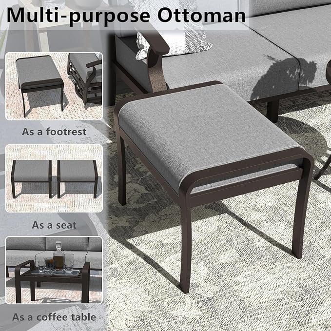 Aluminum Outdoor Patio Furniture Set,6 Pieces 5 Seats Metal Patio Sectional Furniture Set with 45" Propane Fire Pit Table,Patio Conversation Sets with 2 Ottomans,Grey