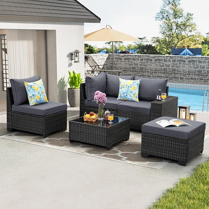 5 Pieces Patio Furniture Set,Wicker PE Rattan Outdoor Sectional with Cushion & Coffee Table, Patio Conversation Sofa for Garden, Backyard, Poolside, Grey