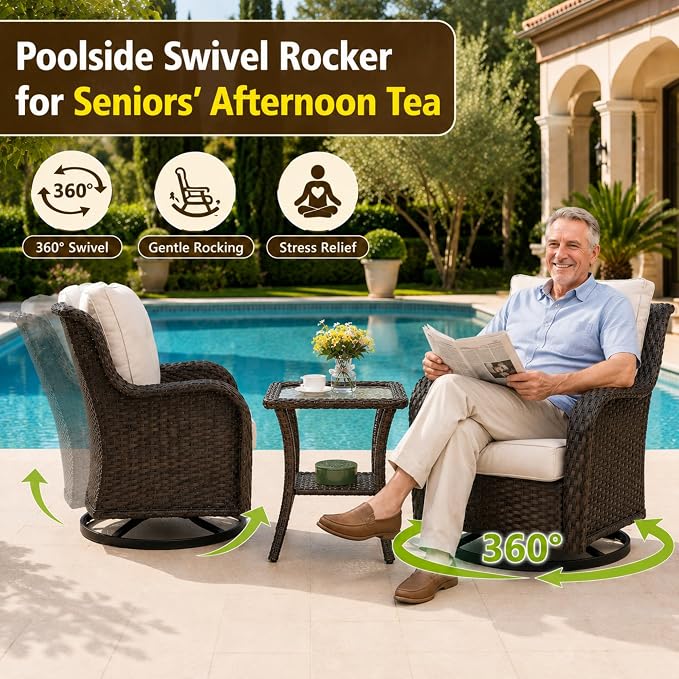 HUMMUH 3-Piece Swivel Rocking Rattan Chair Outdoor, Patio Bistro Furniture Conversation Set, Cushioned Wicker Chair with Glass Coffee Table (Brown, Beige)
