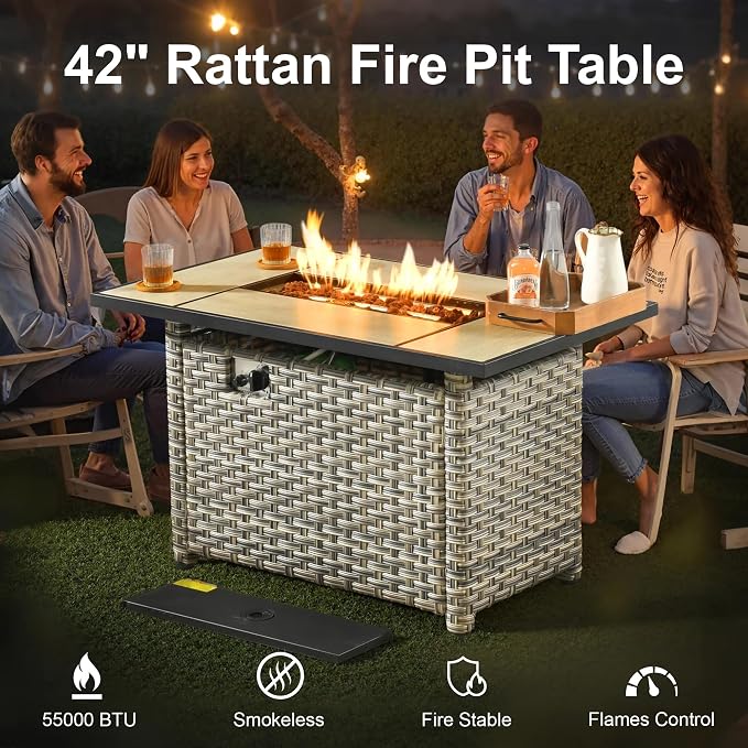 Outdoor Patio Furniture Sets,9 PCS Patio Conversation Set Outside Rattan Sectional Sofa with 42 in Square Fire Pit Table Wicker Rocking Chair Coffee Table Fit Backyard Garden Poolside Balcony