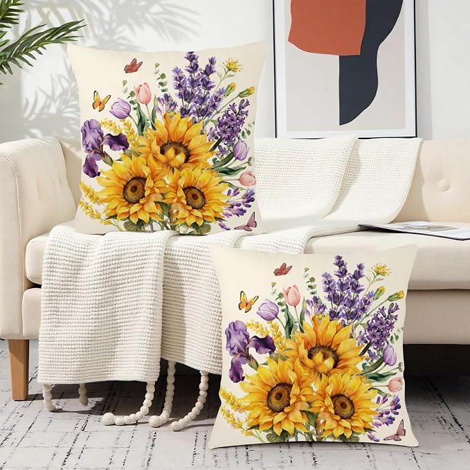 Sunflower Pillow Covers Spring Summer Throw Pillow Covers 18x18 Set of 2 Rustic Tulip Purple Lavender Flower Pillow Cases Butterfly Floral Cushion Case for Home Farmhouse