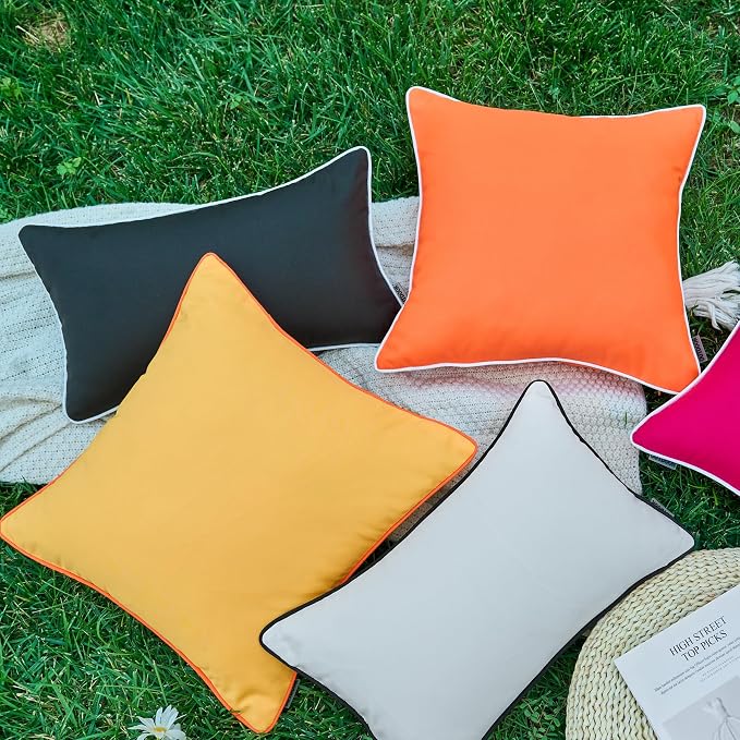 LIGICKY Pack of 2 White Outdoor Waterproof Lumbar Throw Pillow Covers Decorative Black Edge Rectangle Pillows Cushion Case Outside Pillowcase for Patio Couch Tent Sunbrella (12x20 inch)