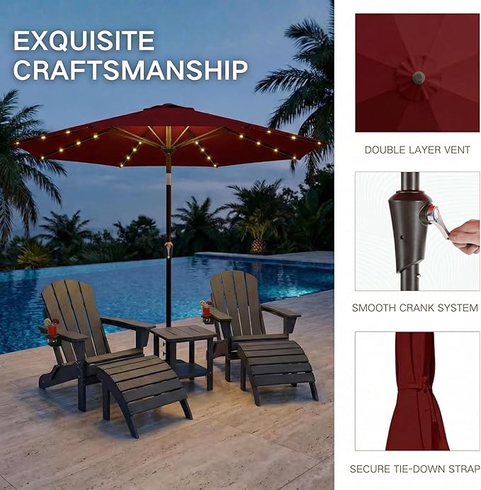 Kingdura 9FT Outdoor Patio Umbrella with Solar Lights, Market Table Umbrella with Push Button Tilt & Crank, 8 Sturdy Ribs, 32 LED Lights, UV Protection for Garden Lawn Deck Backyard Pool (Dark red)