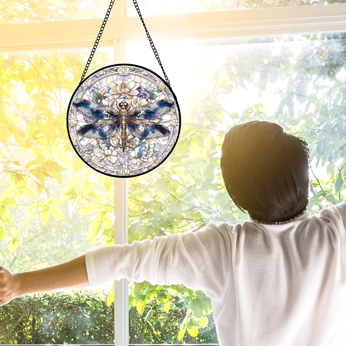 DASTOLL Stained Glass Window Hanging, Dragonfly Flower Suncatcher for Doors Home Sun Catchers Decoration and Christmas, Mother's Day Birthday Gifts for Women, Men, and Mom 6.3 in