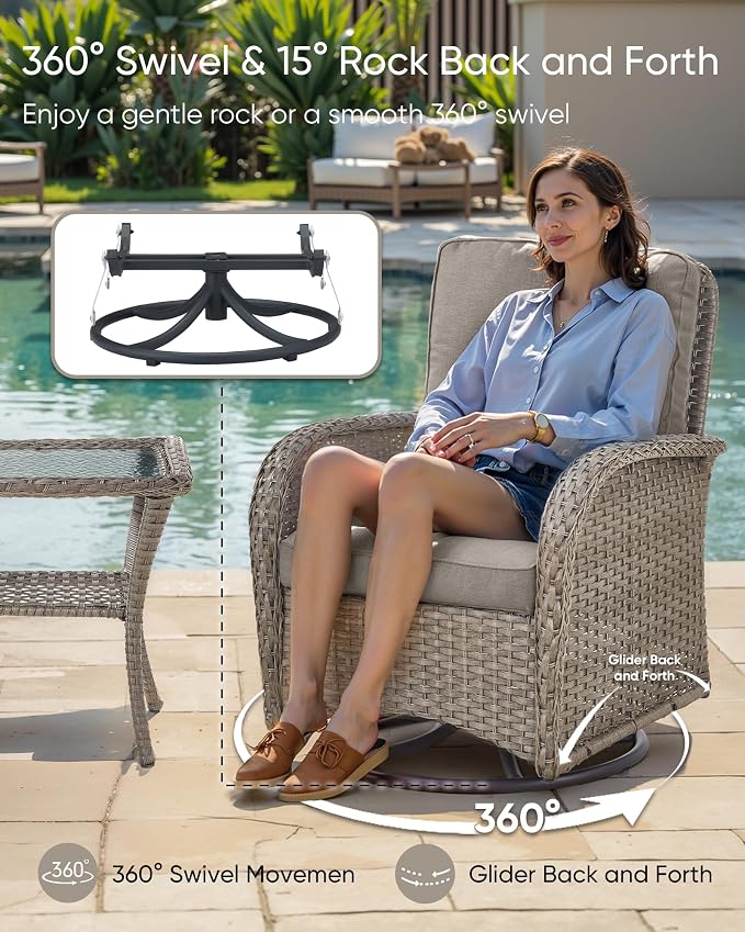 HUMMUH 6 Pieces Patio Furniture Set-Patio Glider Loveseat with Rattan Outdoor Swivel Chairs Outdoor Conversation Furniture Sets for Deck Lawn Porch Balcony Poolside-Grey/Grey