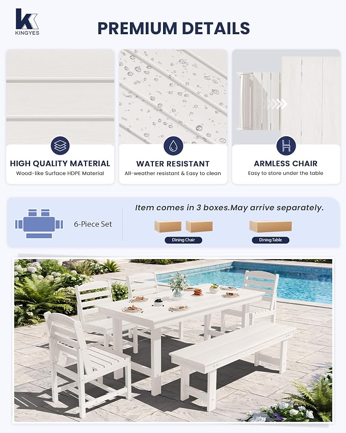 KINGYES 6-Piece Patio Dining Set, HDPE Table, Bench and Armless Chairs Outdoor Furniture Set with Umbrella Hole, White