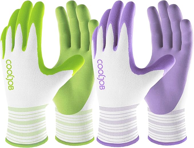 COOLJOB 2 Pairs Gardening Gloves for Women, Breathable Rubber Coated, L | Purple & Green, Textured Latex Palm, Breathable Polyester Liner, Flexible Fit, Machine Washable, Women's Garden Gloves