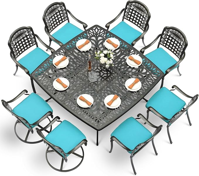 VIVIJASON 9-Piece Outdoor Dining Set, Cast Aluminum Patio Table & Chair Furniture Set for 8, Include 64" Square Dining Table, 2 Swivel Rocker Chairs, 6 Stationary Chairs, Umbrella Hole, Ocean Blue