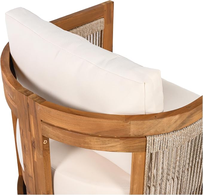 Christopher Knight Home Malphite 3 Pieces Conversation Set, Acacia Wood Chat Set, Round Coffee Table and Woven Rope Accent Chairs, Slat Design Patio Furniture Set for Backyard Garden, Beige + Teak