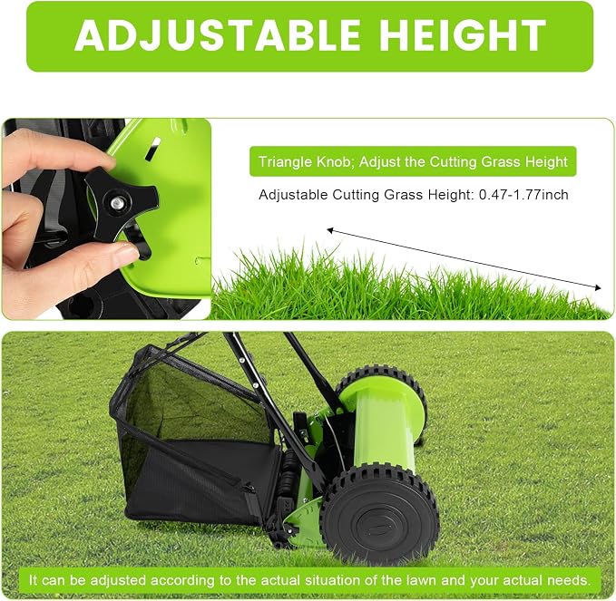 Push Reel Lawn Mower 12inch Push Lawn Sweeper with 0.67-1.3 in Adjustable Cutting Height Push Lawn Mowers with 23L Grass Catcher for Green Lawns, Driveways, Courtyards