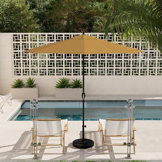 California Umbrella 12-Year Protection 9' Rd Aluminum Patio Umbrella, Crank Lift, Auto Tilt, Black Finish, Sunbrella Wheat
