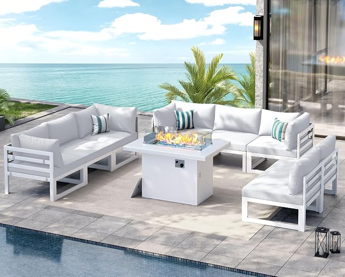 NICESOUL 9 Piece Luxury Aluminum Outdoor Sectional Sofa with Fire Pit Table, Oversized L Shaped Patio Furniture Set, 29" Deep Wide Seating, 500 lbs Heavy Duty Conversation Set for Backyard, Light Grey