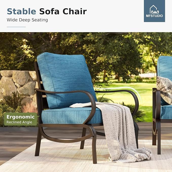 MFSTUDIO 4 Piece Patio Conversation Sets, All Weather Metal Frame Outdoor Furniture Set Patio Sofas with 1 x 45 Rectangular Fire Pit Table, 1 x 3-Seat Sofa, 2 x Sofa Chairs, Peacock Blue Cushion