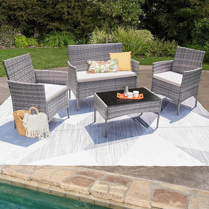 Homall 4 Pieces Outdoor Patio Furniture Sets Rattan Chair Wicker Set,Outdoor Indoor Use Backyard Porch Garden Poolside Balcony Furniture (Grey and Beige)