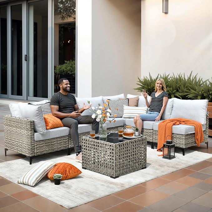 CAODOC 9-Piece Outdoor Sectional Sofa Set w/ 42" Fire Pit – L-Shaped Wicker Patio Furniture, Deep Seating & Swivel Rockers,Gray