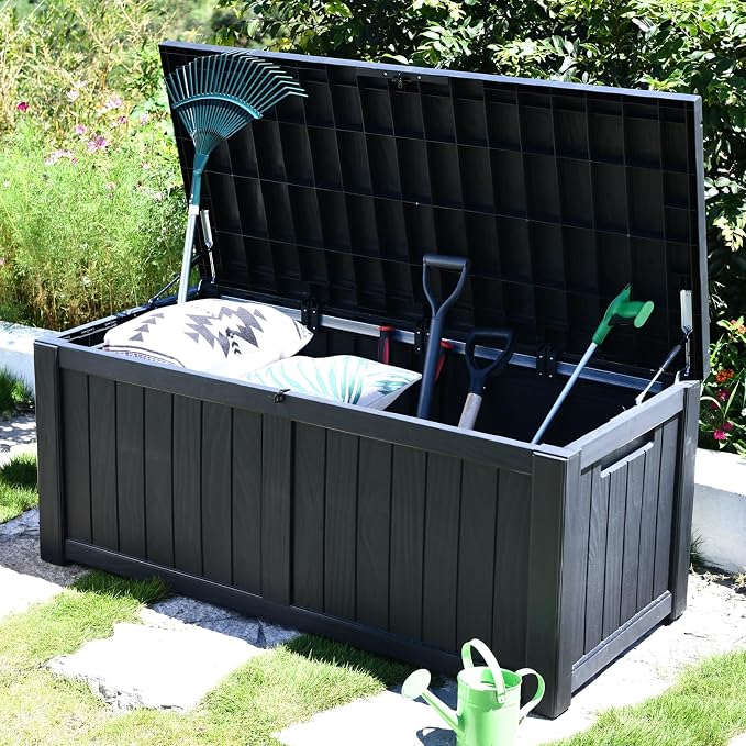 Modern-Depo 120 Gallon PP Deck Box Waterproof Outdoor Storage Box with Lockable Lid, Bench Organization Container for Patio Furniture Cushions, Garden Tools, Pool Supplies, Black