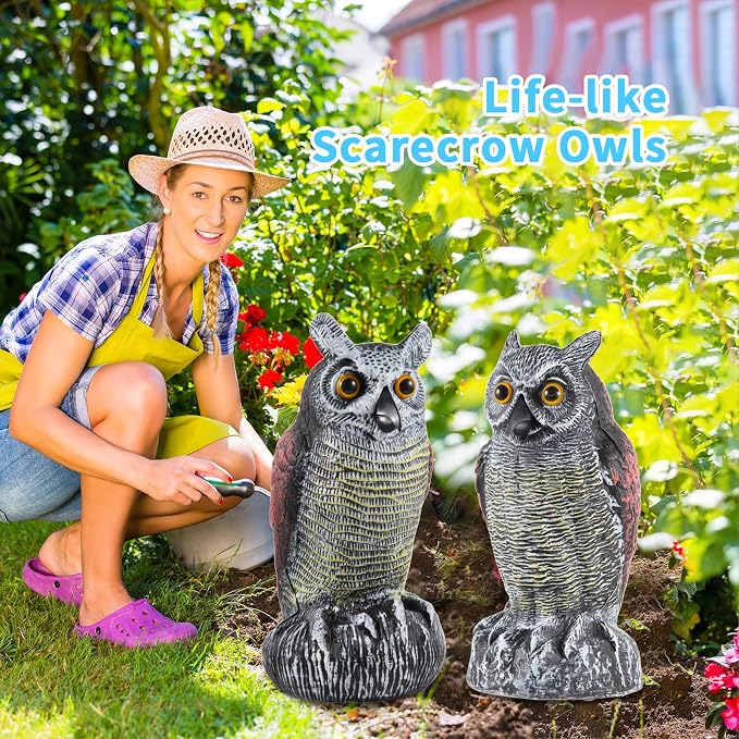 Hedoc 2 Pack Fake Owl Decoys to Scare Birds Away from Gardens and Rooftop, Long-Eared Owl Bird Deterrents, Nature Scarecrow Plastic Owls Pest Repellent, Owl Statue for Garden Decor, Yard Decoration