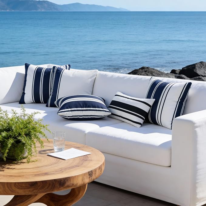 4 Pack Outdoor Waterproof Throw Pillow Covers 18x18 Inch | Striped Deep Blue Decorative Pillow Cover, Modern Outdoor Cushion Cases for Garden Patio Balcony Bench Couch Sofa