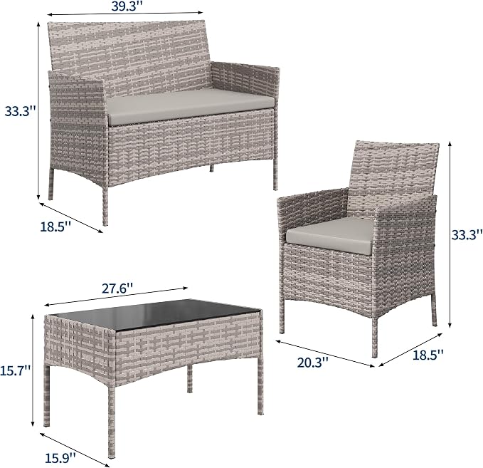 4-Piece Outdoor Furniture Set, PE Rattan Wicker Chairs with Soft Cushions & Tempered Glass Coffee Table - All-Weather Patio Set for Garden, Backyard, Porch, Poolside (Gray/Light Gray)