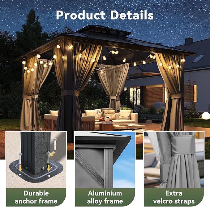 12’x12’ Hardtop Gazebo with Double Polycarbonate Roof Outdoor Metal Gazebo Sturdy Aluminum Frame & Removable Curtains, Netting Permanent Pavilion Pergola for Garden,Patio,Lawn (Gray)