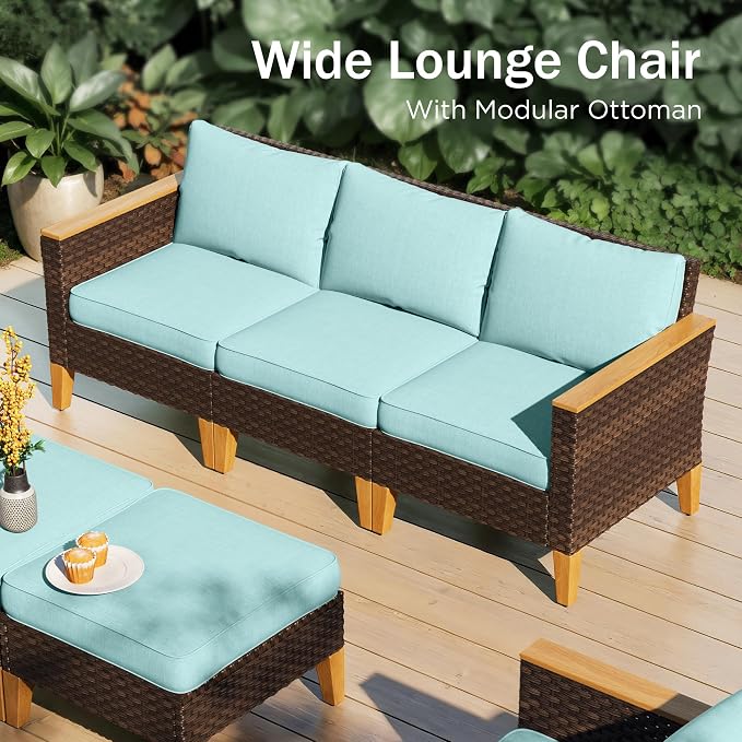 PHI VILLA Outdoor Wicker Patio Furniture Set with 56" Fire Pit Table, 8-Piece Oversized Sectional Rattan Sofa Backyard Poolside Set for 7 Seats with Cushioned, Blue