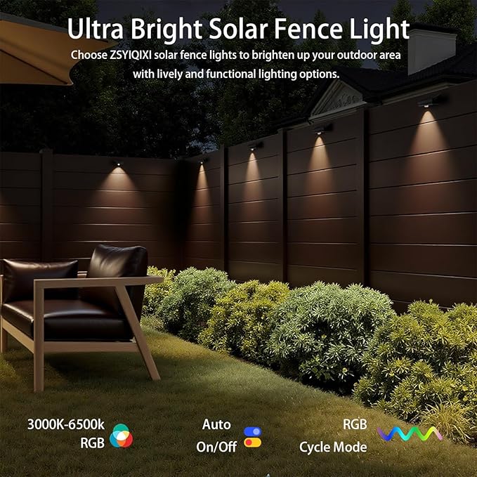 Solar Fence Lights,10 RGB Color Changing Modes,Solar Lights Powered Waterproof IP65,30 Hours Runtime,Easy Installation for Fence,Garden,Yard,Patio,Pool,Porch,Holiday Decor(12P)