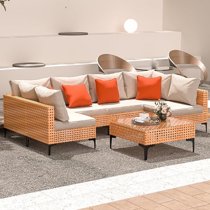 7 Piece Outdoor Patio Furniture Set Modular Outdoor Furniture Set Wicker Outdoor Sectional Sofa with Cushions and Tea Table Patio Set for Balcony Porch Deck Yard (Salmon&Orange Wicker, Sand Cushion)