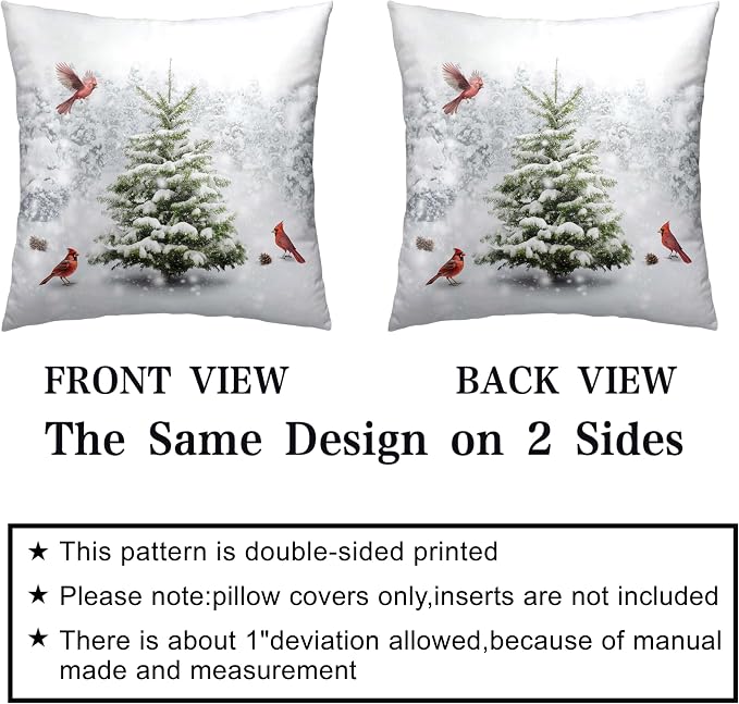 Winter Throw Pillow Covers 18X18 Snowy Natural Forest Decorative Pillow Case Set of 2 Green Pine Tree with Cardinal Birds Cushion Case for Couch Living Room Patio