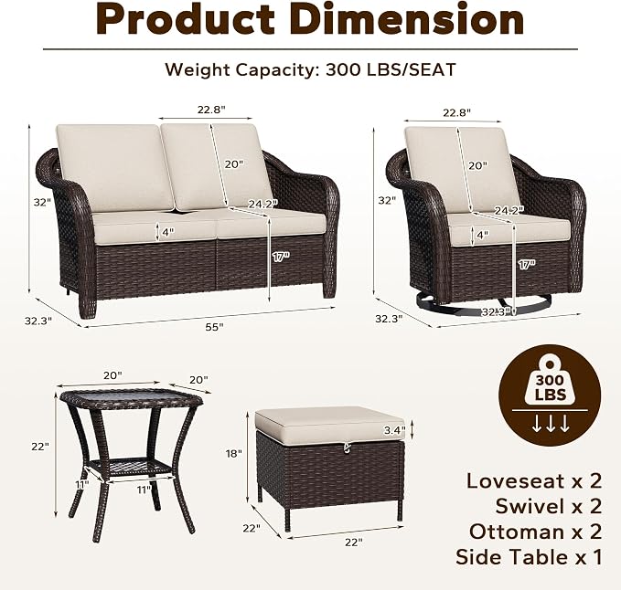 6 Piece Patio Wicker Conversation Set, All-Weather Use Outdoor Wicker Loveseat with 2 PE Rattan Ottomans,2 Swivel Chair, 1 Side Table, Ideal for Porch, Backyard, Balcony, Poolside, Beige