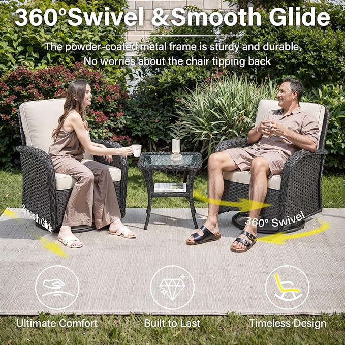 Belord Wicker Outdoor Furniture Set - 7 Piece Patio Conversation Sets with Comfort Swivel Rocker Glider Patio Chairs Set of 2 and Rattan Sofa, Tempered Glass Coffee Table and Side Table,Black/Beige