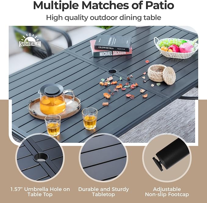 SUNSHINE VALLEY Patio Dining Set,Wood-Like Metal Table w/Umbrella Hole | 60x36 Metal Table&6 Pcs Rust-Proof Stackable Chairs, Outdoor Table and Chairs Set for Backyard Garden Deck