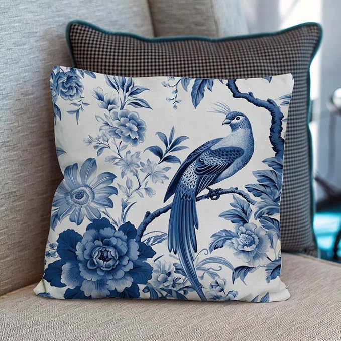 Throw Pillow Covers Blue Indigo Floral Chinoiserie Cushion Cover Modern Asian Navy Lotus Bird Pillow Cover Accent Square Couch Sofa Cushion Covers for Bedroom Sofa Bench Porch 18x18 in